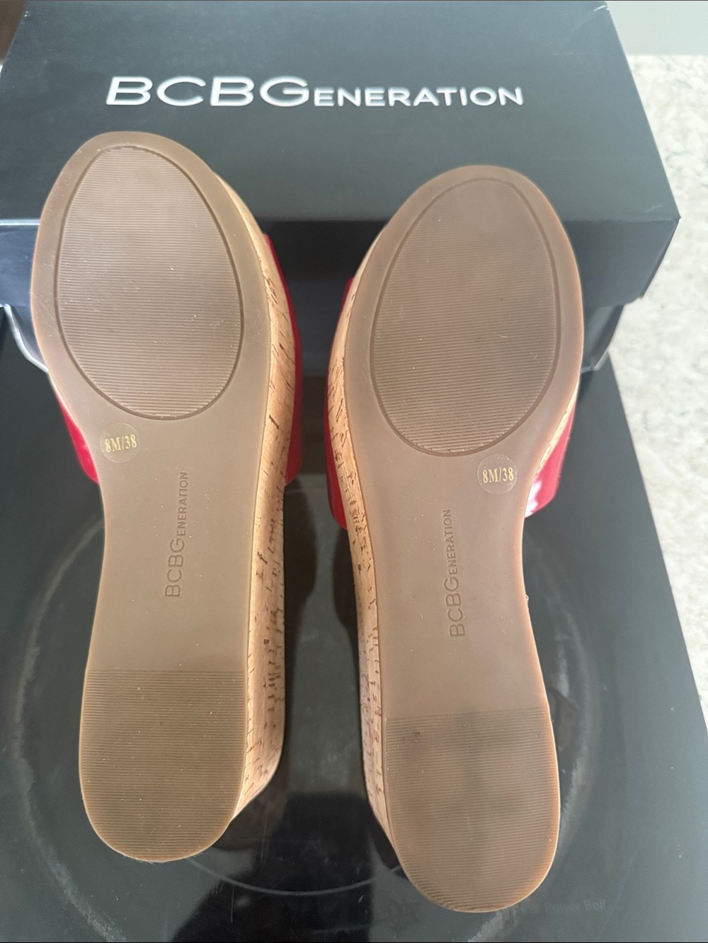 BCBGeneration Red Patent Slide Sandals with Tan Footbed - Picture 2 of 3